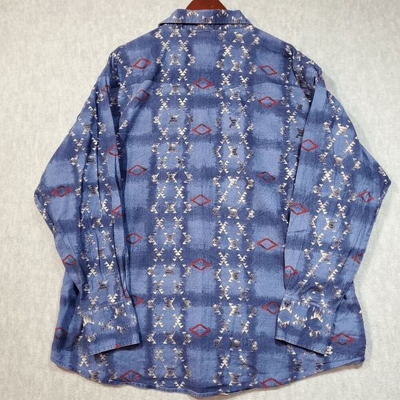 Wrangler Shirt Men Blue Aztec Print Cowboy Western Collar Pearl Snap Button Down - Picture 8 of 9